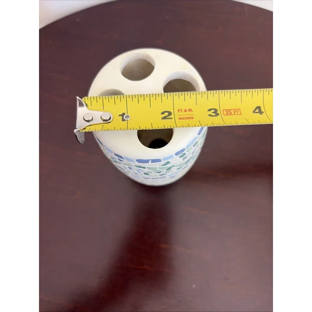 Casual Home Ceramic Toothbrush Holder Mosaic Blue Green And Cream  5 In Tall
